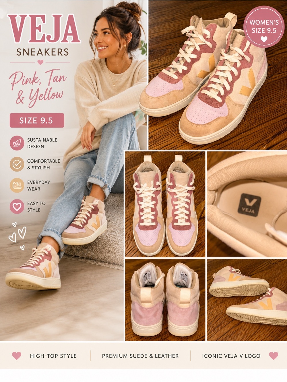 Veja Women’s High-Top Sneakers | Pink, Tan & Yellow | Size 9.5
